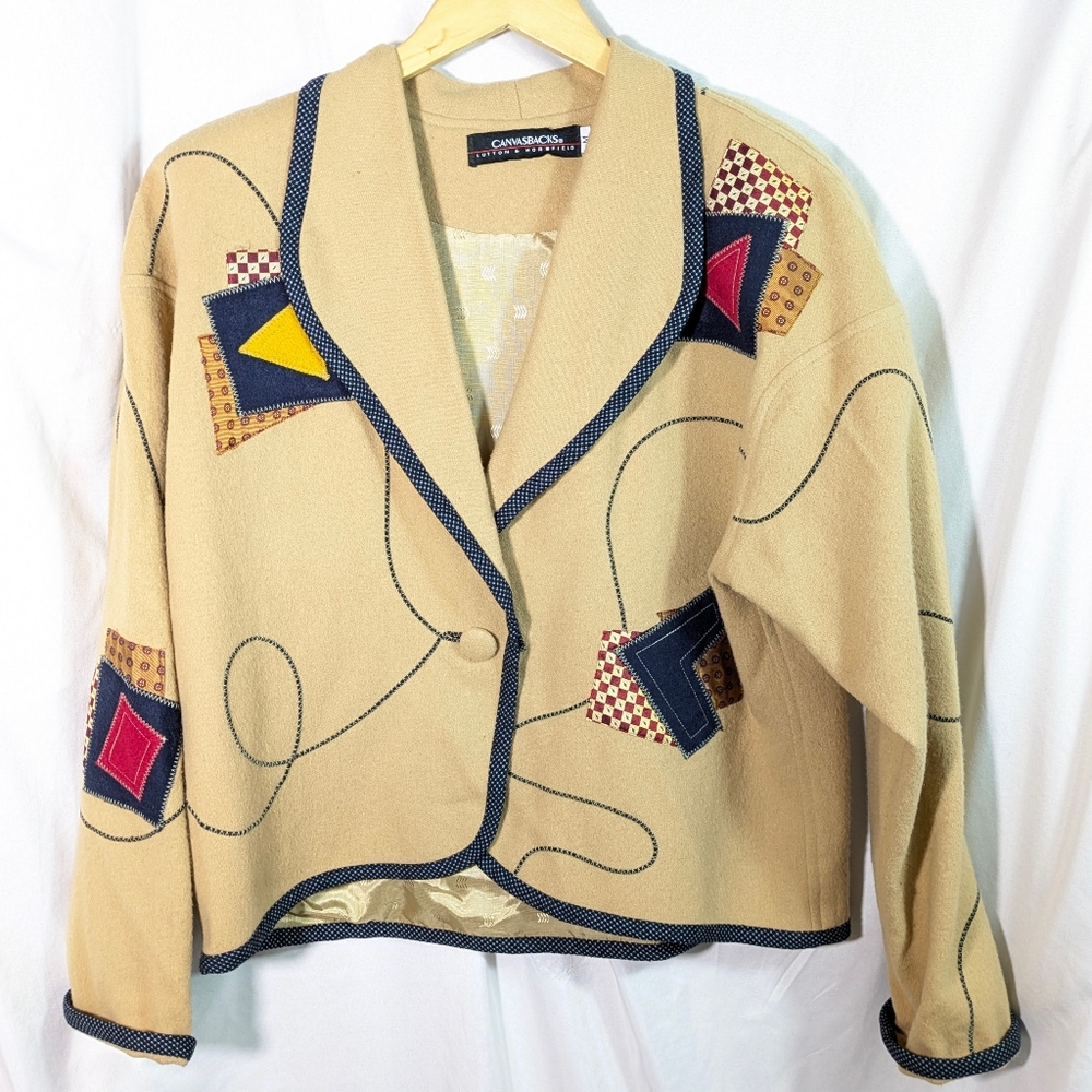 Vntg Canvasbacks Wool Cropped Jacket Blazer Y2K‎ Colorful Applique Embroidered M